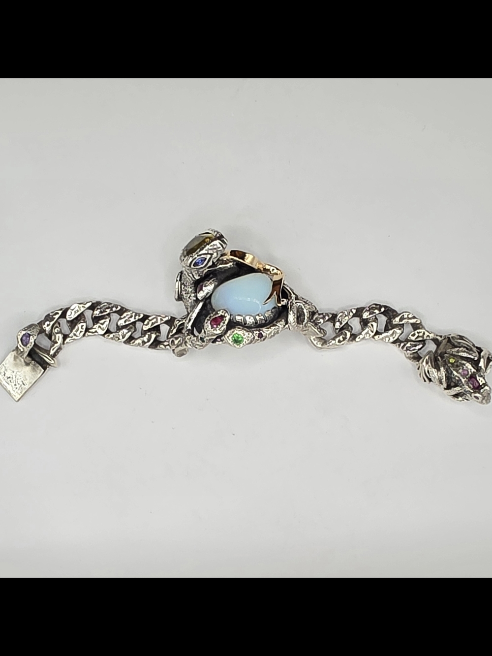 One Of A Kind Silver Snake Chain Bracelet with Yellow and Light Blue Gem Accents